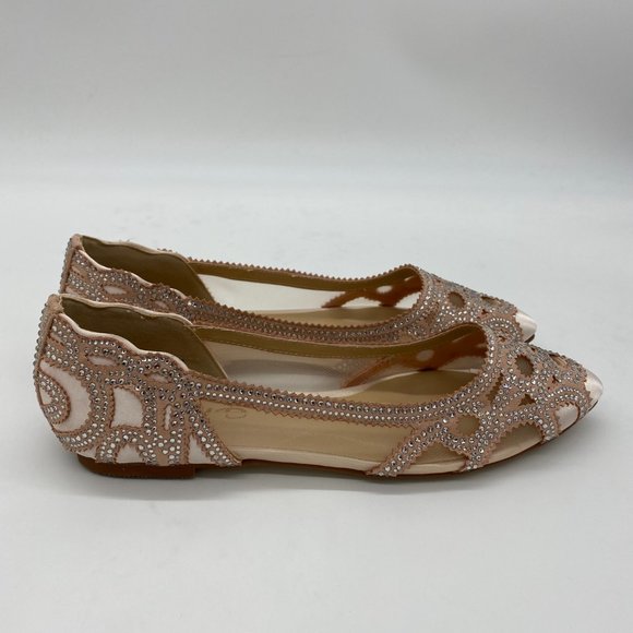 XYD Nude Pink Pointed Toe Rhinestone Mesh Flat - Picture 5 of 11